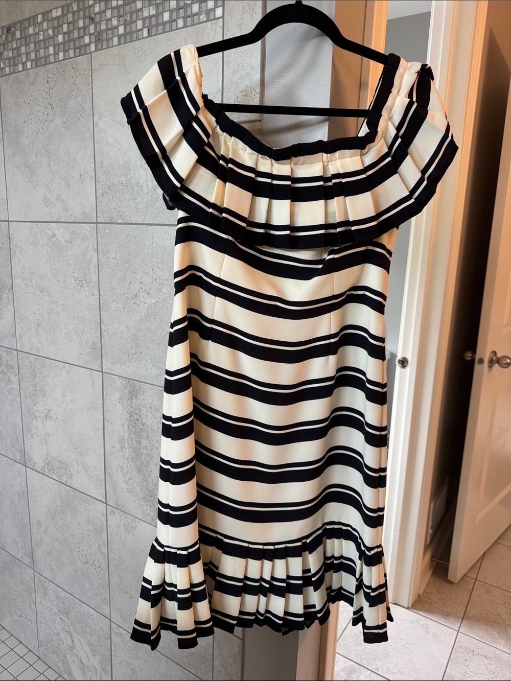 H by Halston Black and Cream Striped Off-Shoulder Ruffle Dress